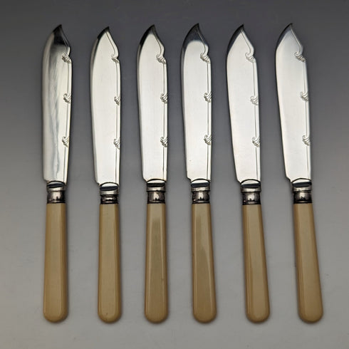 British Vintage Resin Handle Fish Cutlery 6 Pair Set in Wooden Box Cooper Brothers